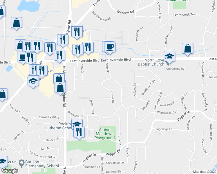 map of restaurants, bars, coffee shops, grocery stores, and more near 3809 Thyme Drive in Rockford