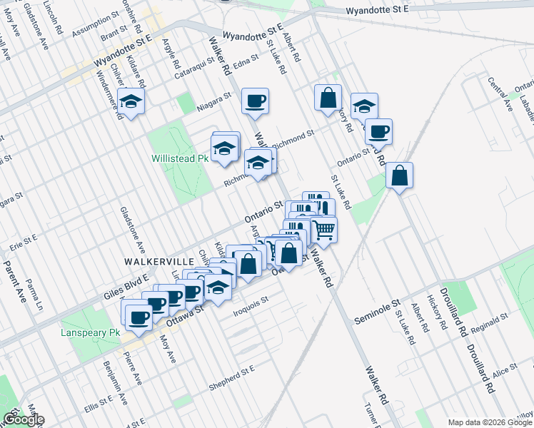 map of restaurants, bars, coffee shops, grocery stores, and more near 2191 Ontario Street in Windsor