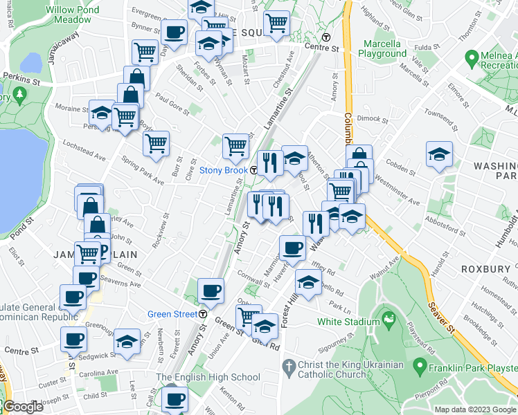 map of restaurants, bars, coffee shops, grocery stores, and more near 256 Amory Street in Boston