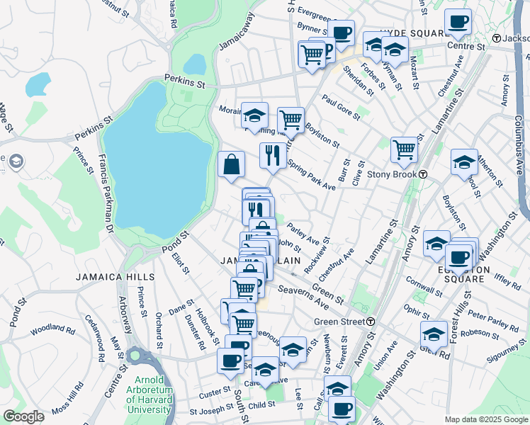 map of restaurants, bars, coffee shops, grocery stores, and more near 11 Parley Avenue in Boston