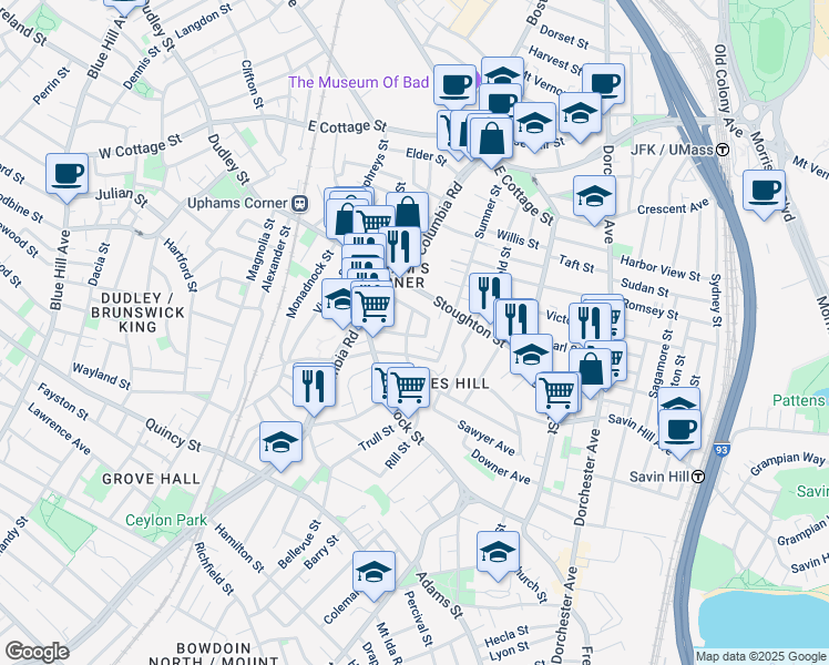 map of restaurants, bars, coffee shops, grocery stores, and more near 41 Upham Avenue in Boston