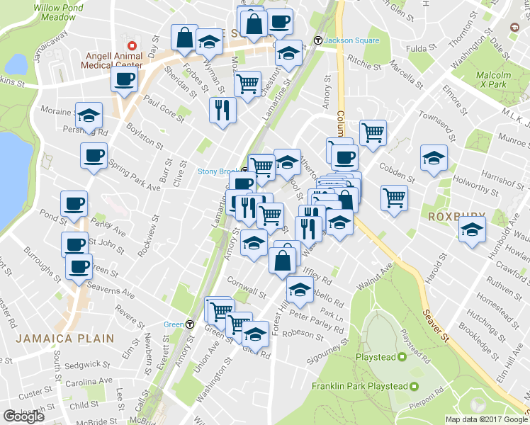 map of restaurants, bars, coffee shops, grocery stores, and more near 13 Bismarck Street in Boston