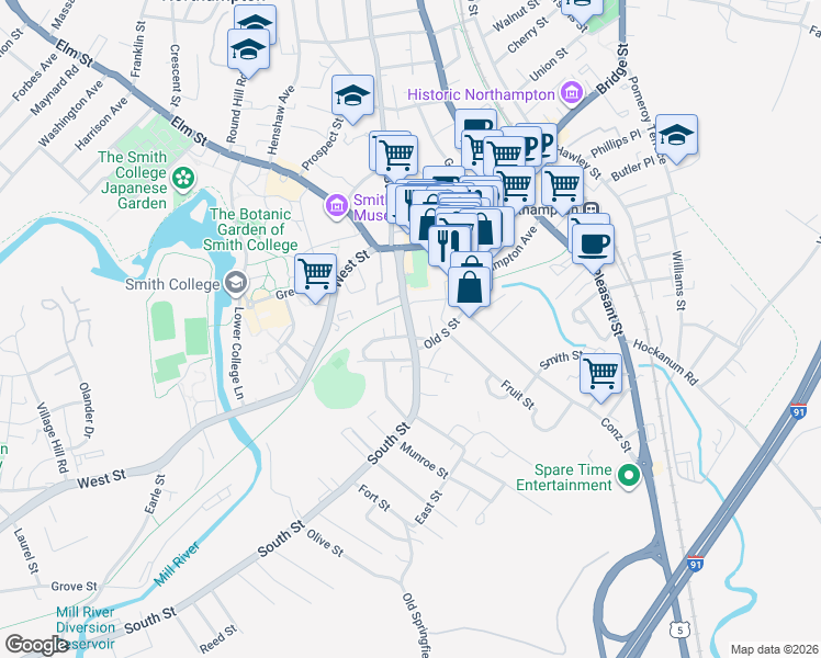 map of restaurants, bars, coffee shops, grocery stores, and more near 5 Clark Avenue in Northampton