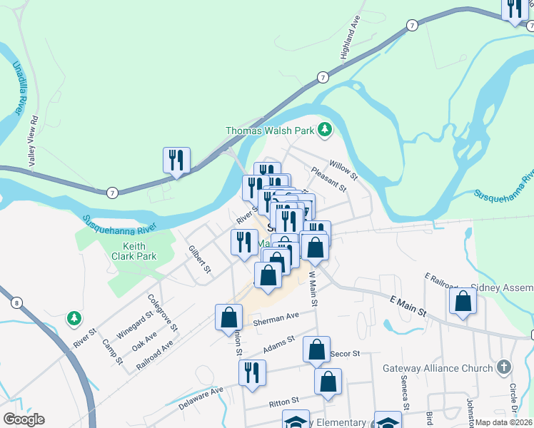 map of restaurants, bars, coffee shops, grocery stores, and more near 23 Grand Street in Sidney