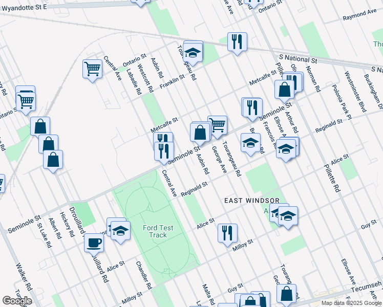 map of restaurants, bars, coffee shops, grocery stores, and more near 1516 Westcott Road in Windsor