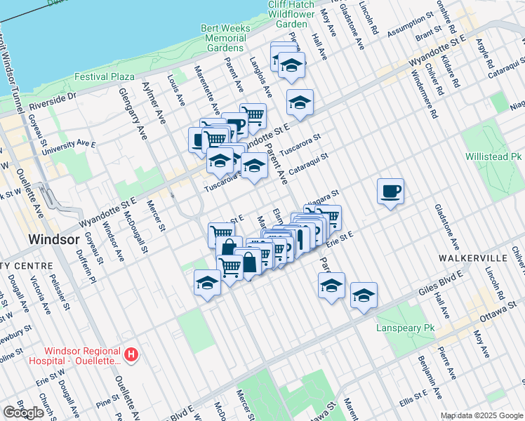 map of restaurants, bars, coffee shops, grocery stores, and more near 816 Niagara Street in Windsor