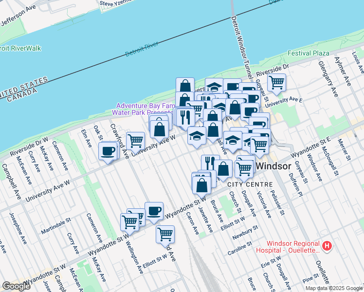map of restaurants, bars, coffee shops, grocery stores, and more near 391 Bruce Avenue in Windsor