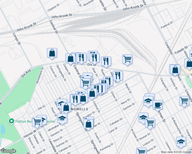 map of restaurants, bars, coffee shops, grocery stores, and more near 2430 Honorah Street in Detroit