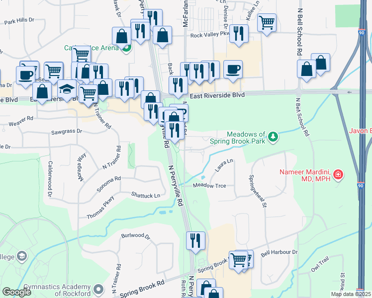 map of restaurants, bars, coffee shops, grocery stores, and more near 3780 McFarland Road in Rockford