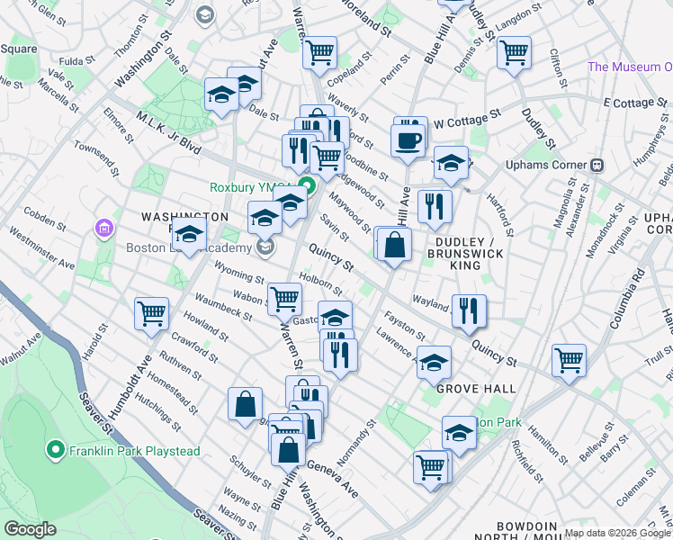map of restaurants, bars, coffee shops, grocery stores, and more near 2 Maybury Street in Boston
