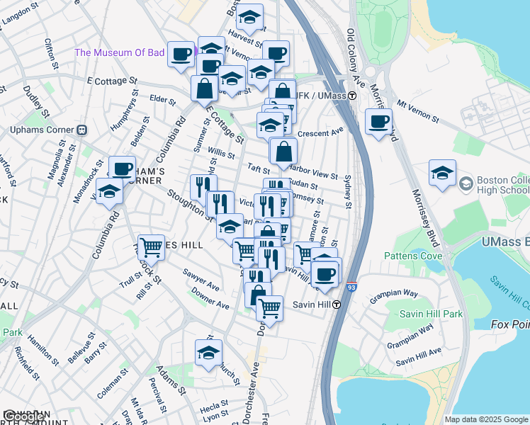 map of restaurants, bars, coffee shops, grocery stores, and more near 21 Pearl Street in Boston