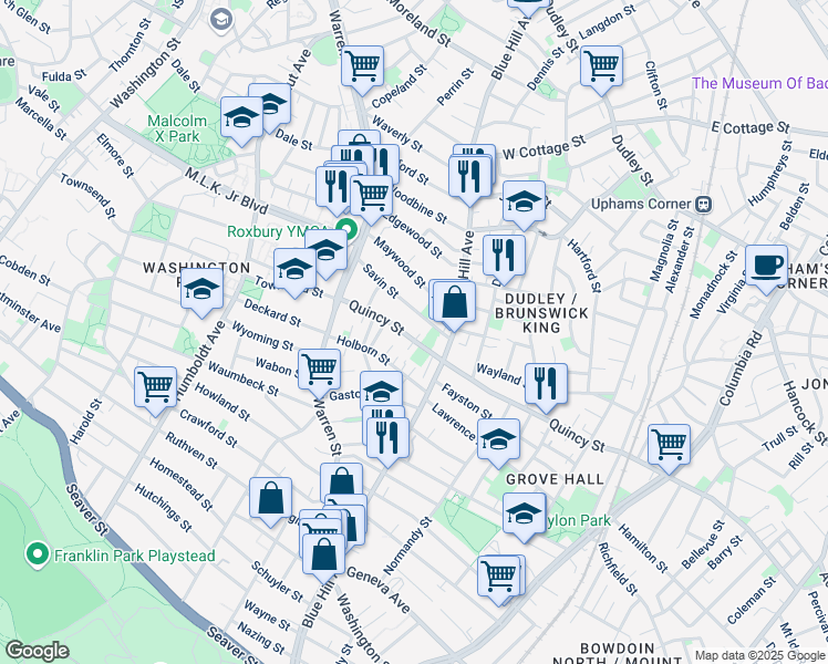 map of restaurants, bars, coffee shops, grocery stores, and more near 5 Holborn Park in Boston