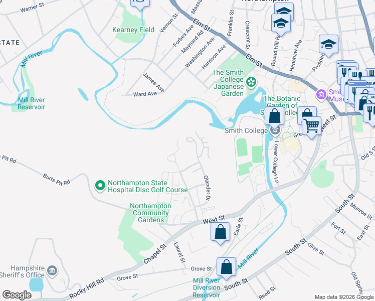 map of restaurants, bars, coffee shops, grocery stores, and more near 140 Olander Drive in Northampton