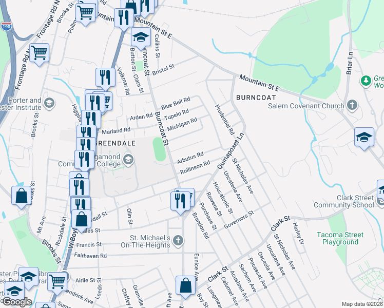 map of restaurants, bars, coffee shops, grocery stores, and more near 16 Arbutus Road in Worcester