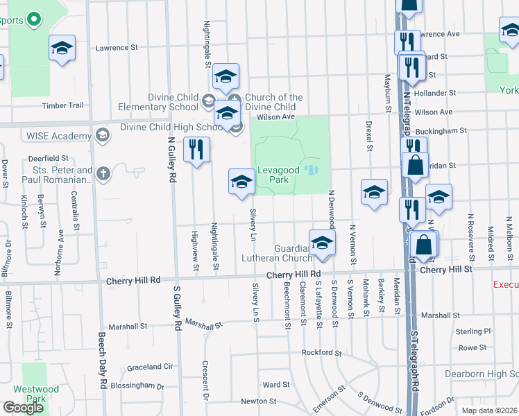 map of restaurants, bars, coffee shops, grocery stores, and more near 512 Silvery Lane in Dearborn