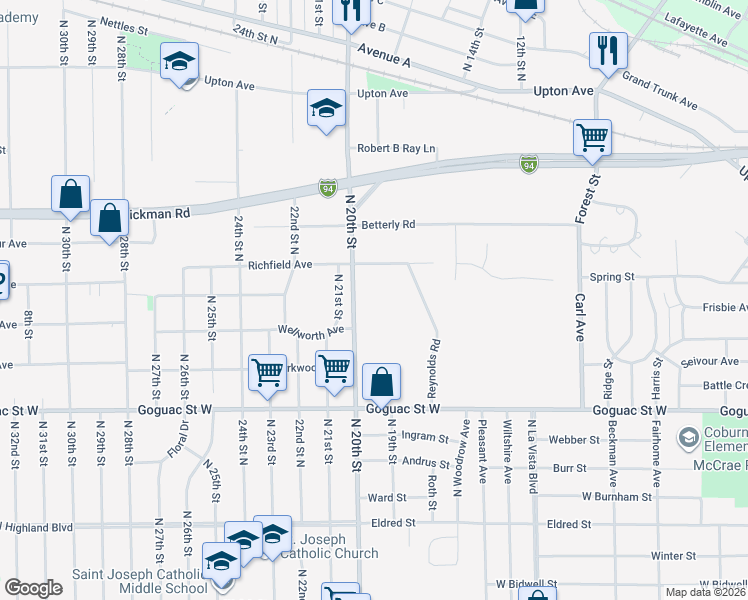 map of restaurants, bars, coffee shops, grocery stores, and more near 286 North 20th Street in Springfield