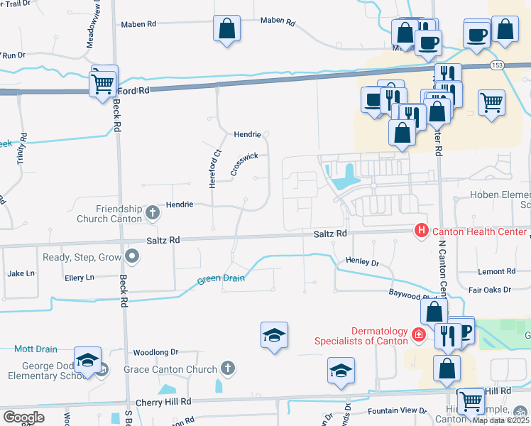 map of restaurants, bars, coffee shops, grocery stores, and more near 1492 Hendrie in Canton