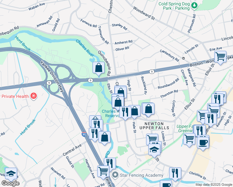map of restaurants, bars, coffee shops, grocery stores, and more near 979 Chestnut Street in Newton
