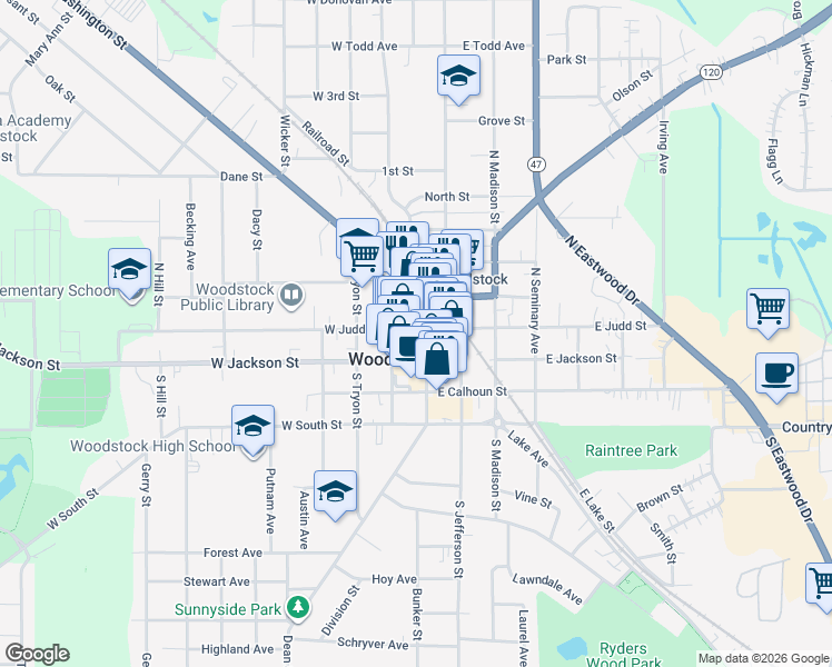 map of restaurants, bars, coffee shops, grocery stores, and more near 100 South Johnson Street in Woodstock