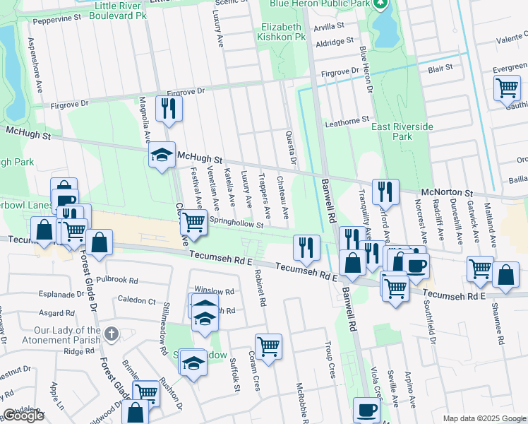 map of restaurants, bars, coffee shops, grocery stores, and more near 2573 Trappers Avenue in Windsor