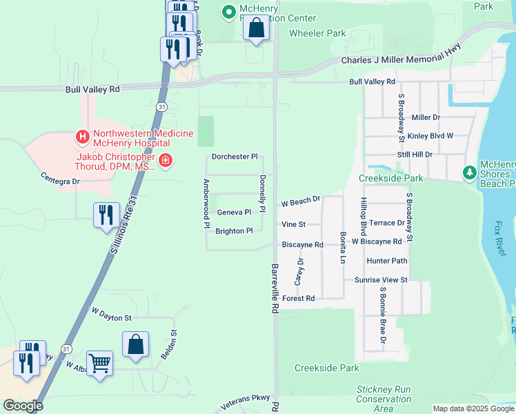 map of restaurants, bars, coffee shops, grocery stores, and more near 3607 Geneva Place in McHenry