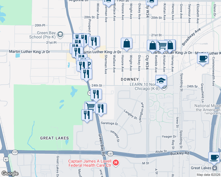 map of restaurants, bars, coffee shops, grocery stores, and more near 2400 24th Place in North Chicago