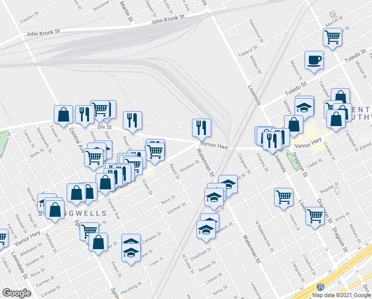 map of restaurants, bars, coffee shops, grocery stores, and more near 6700 Vernor Highway in Detroit