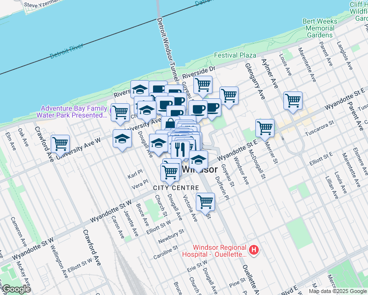 map of restaurants, bars, coffee shops, grocery stores, and more near 445 Ouellette Avenue in Windsor