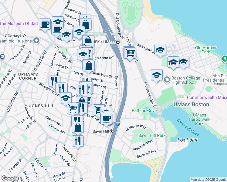 map of restaurants, bars, coffee shops, grocery stores, and more near 79 Saxton Street in Boston