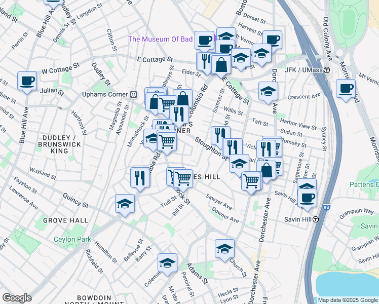 map of restaurants, bars, coffee shops, grocery stores, and more near 41 Upham Avenue in Boston