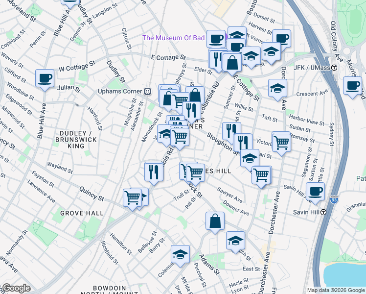 map of restaurants, bars, coffee shops, grocery stores, and more near 14 Upham Avenue in Boston