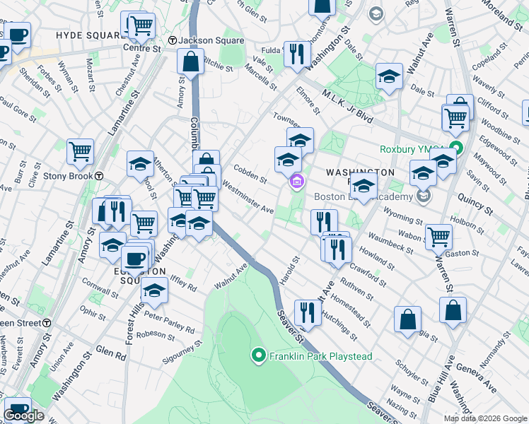 map of restaurants, bars, coffee shops, grocery stores, and more near 27 Hilton Terrace in Boston