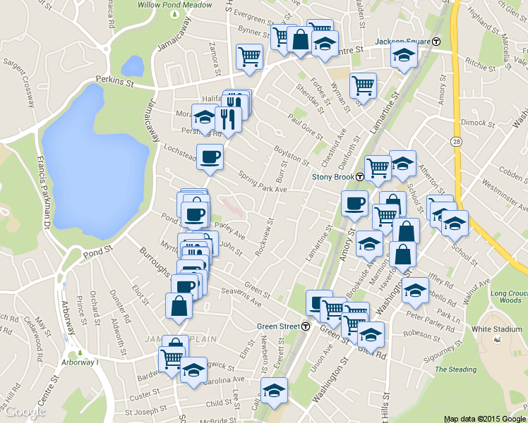 map of restaurants, bars, coffee shops, grocery stores, and more near 101 Robinwood Avenue in Boston