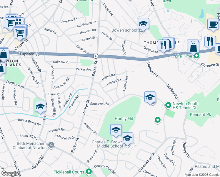 map of restaurants, bars, coffee shops, grocery stores, and more near 30 Nardone Road in Newton