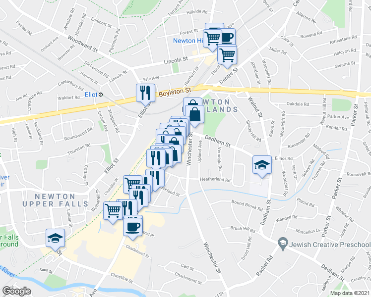 map of restaurants, bars, coffee shops, grocery stores, and more near 147 Winchester Street in Newton