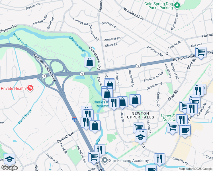 map of restaurants, bars, coffee shops, grocery stores, and more near 989 Chestnut Street in Newton