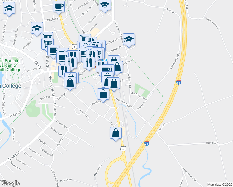 map of restaurants, bars, coffee shops, grocery stores, and more near 395 Pleasant Street in Northampton