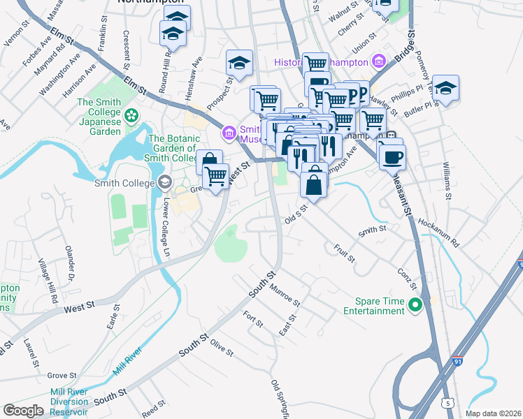 map of restaurants, bars, coffee shops, grocery stores, and more near 32 Clark Avenue in Northampton