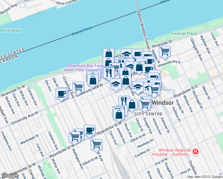 map of restaurants, bars, coffee shops, grocery stores, and more near 391 Bruce Avenue in Windsor