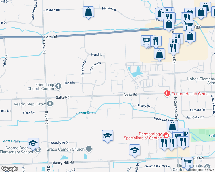 map of restaurants, bars, coffee shops, grocery stores, and more near 1492 Hendrie in Canton