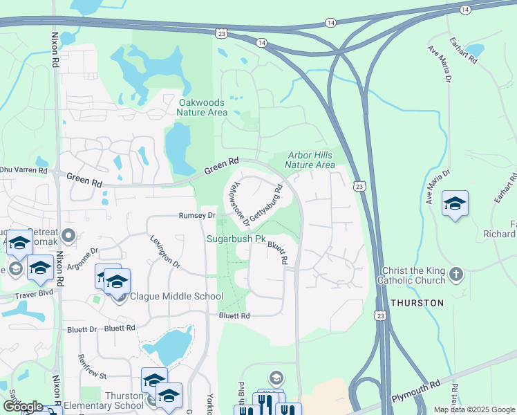 map of restaurants, bars, coffee shops, grocery stores, and more near 3420 Gettysburg Road in Ann Arbor