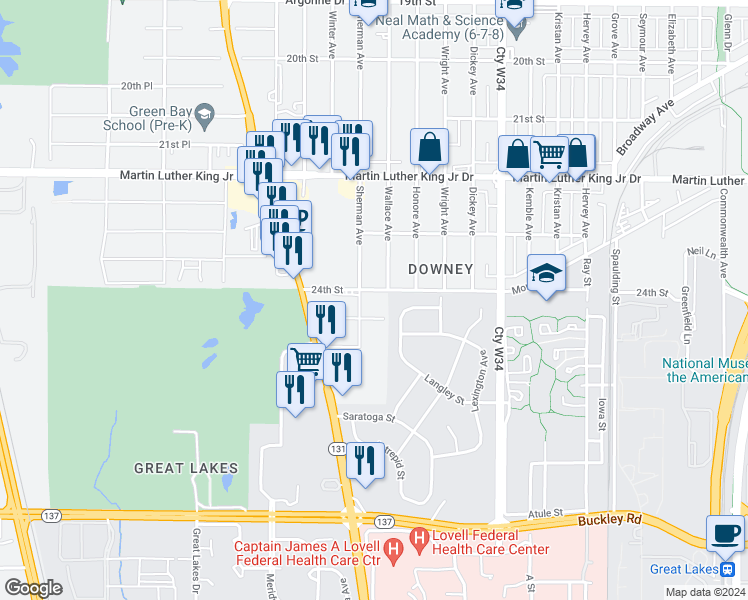 map of restaurants, bars, coffee shops, grocery stores, and more near 2400 24th Place in North Chicago