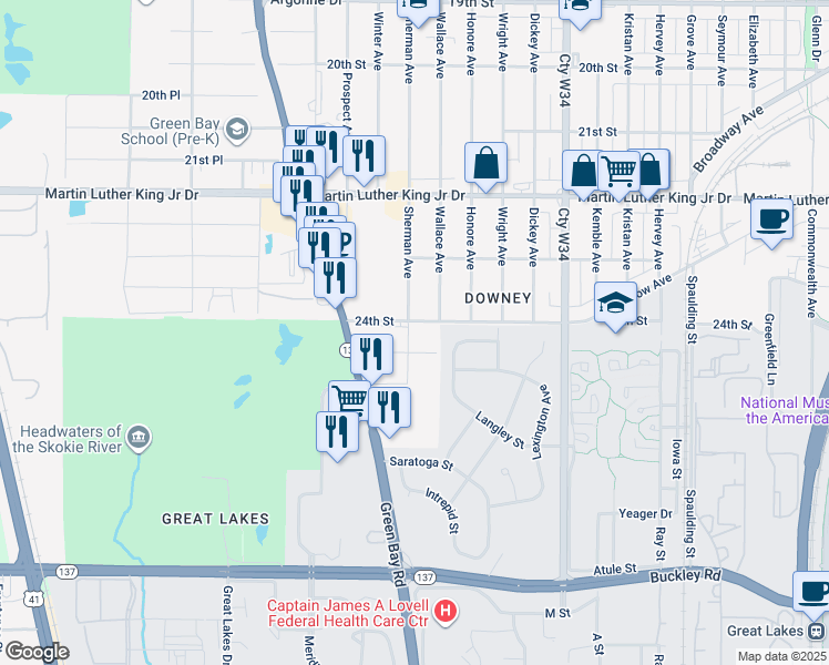 map of restaurants, bars, coffee shops, grocery stores, and more near 2416 Sherman Avenue in North Chicago