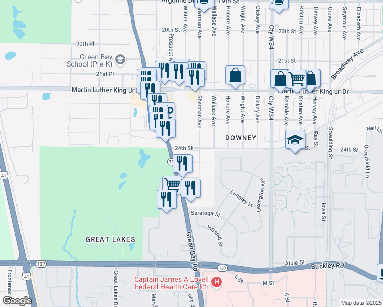 map of restaurants, bars, coffee shops, grocery stores, and more near 2416 Sherman Avenue in North Chicago