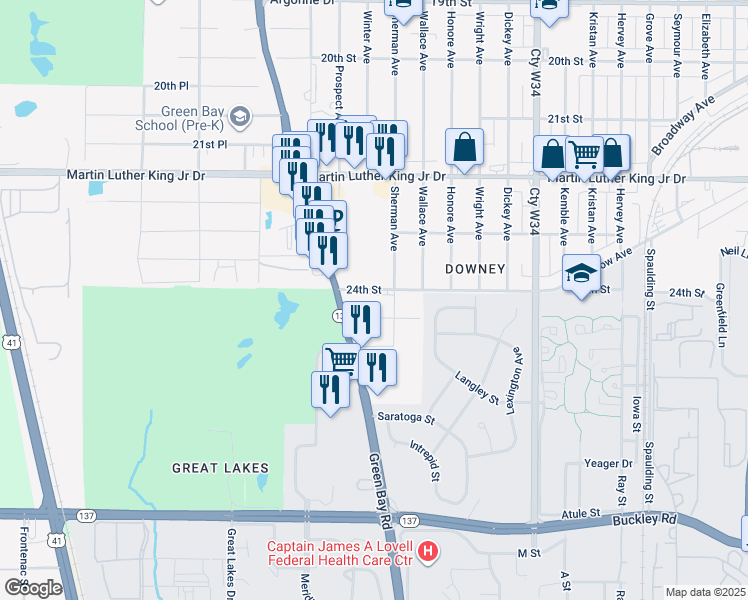 map of restaurants, bars, coffee shops, grocery stores, and more near 2416 Sherman Avenue in North Chicago