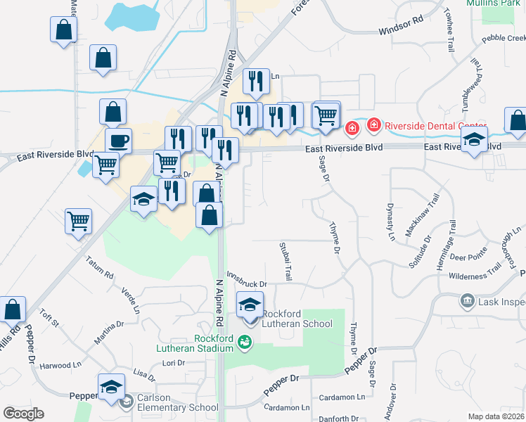 map of restaurants, bars, coffee shops, grocery stores, and more near 6965 Hiatt Drive in Rockford
