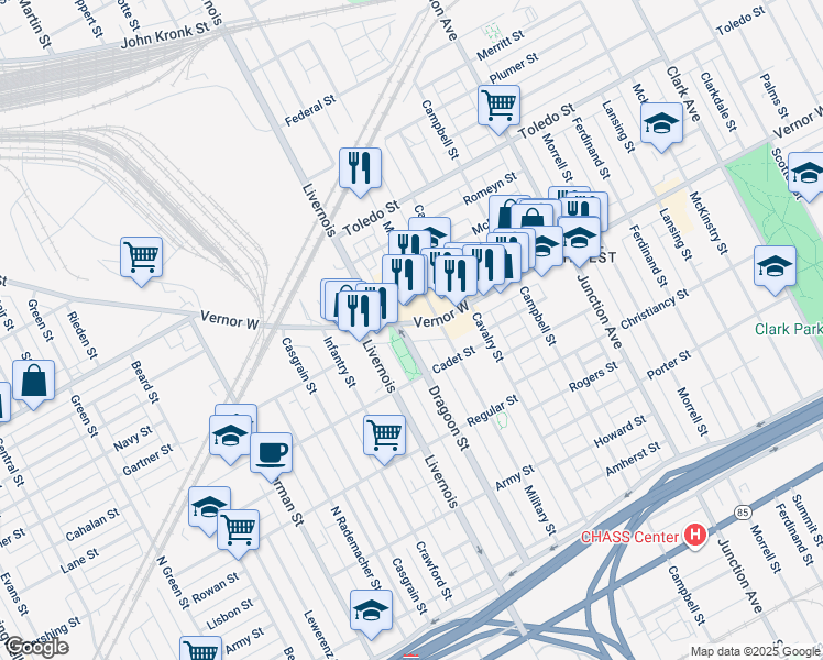 map of restaurants, bars, coffee shops, grocery stores, and more near 1766 Dragoon Street in Detroit