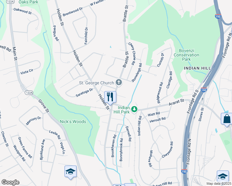 map of restaurants, bars, coffee shops, grocery stores, and more near 24 Brattle Street in Holden