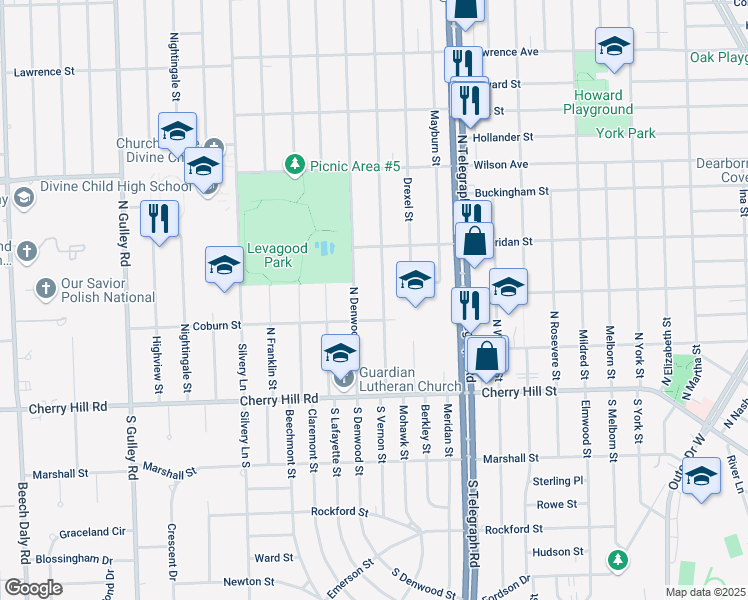 map of restaurants, bars, coffee shops, grocery stores, and more near 500 North Vernon Street in Dearborn