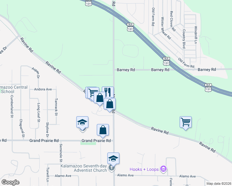 map of restaurants, bars, coffee shops, grocery stores, and more near 3320 Ravine Road in Kalamazoo